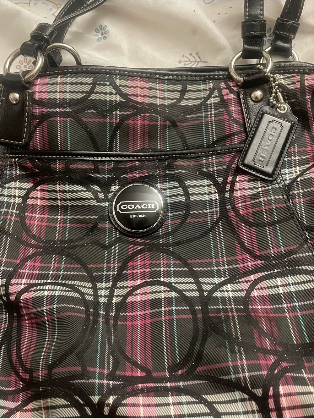 Coach Black Plaid Shoulder Bag with Pink & White Accents